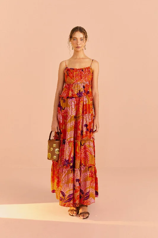 Beige Jungle Panther Lenzing™ Ecovero™ Viscose Maxi Dress Elegant Boho Maxi Dress