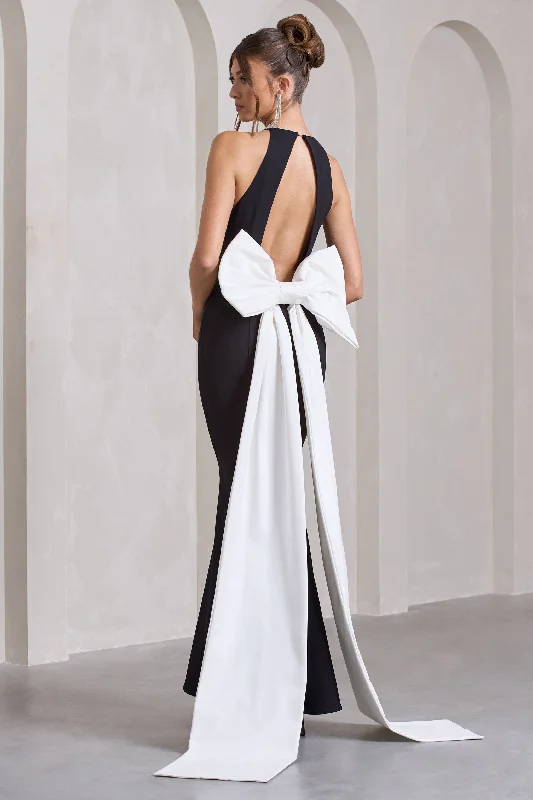 Bestow | Black Open-Back Maxi Dress With Oversized White Bow Trendy Fit-and-Flare Maxi Dress