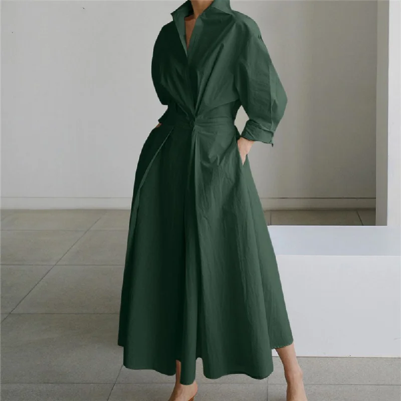 Fold Over Collar Side Pocket Maxi Dress Trendy V-Neck Maxi Dress