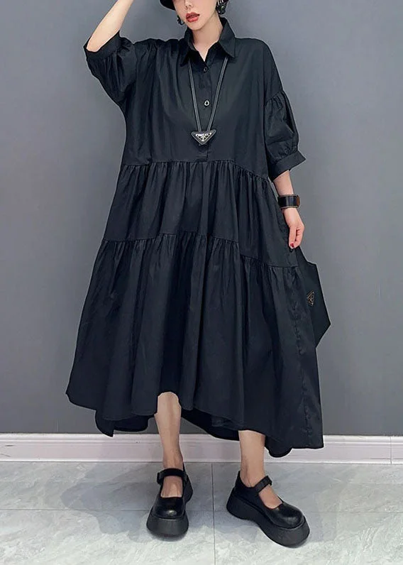 Black Patchwork Cotton Maxi Dresses Oversized Exra Large Hem Summer Stylish Pleated A-Line Maxi Dress