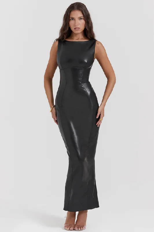Black Plain Leather Maxi Dress Chic Summer Maxi Dress