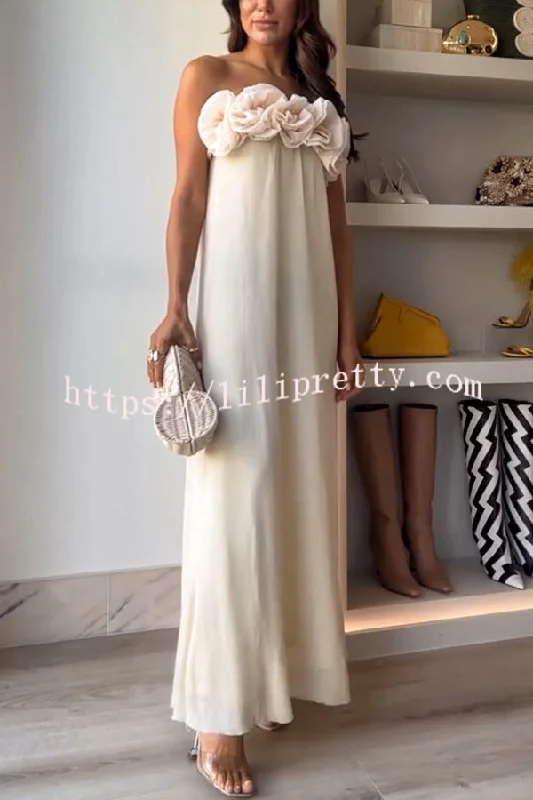 Blooming Chic Flower Applique Elastic Off Shoulder Strapless Maxi Dress Cozy Longline Maxi Dress
