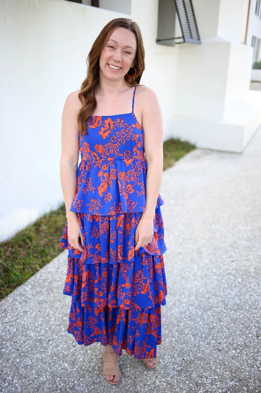 Blue and Orange Tiered Ruffle Maxi Dress | Boutique Elise | Sadie Stylish V-Neck Maxi Dress