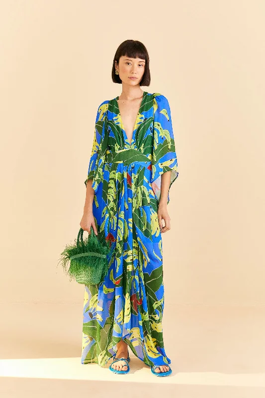 Blue Banana Leaves Maxi Dress Comfortable Flowy Maxi Dress