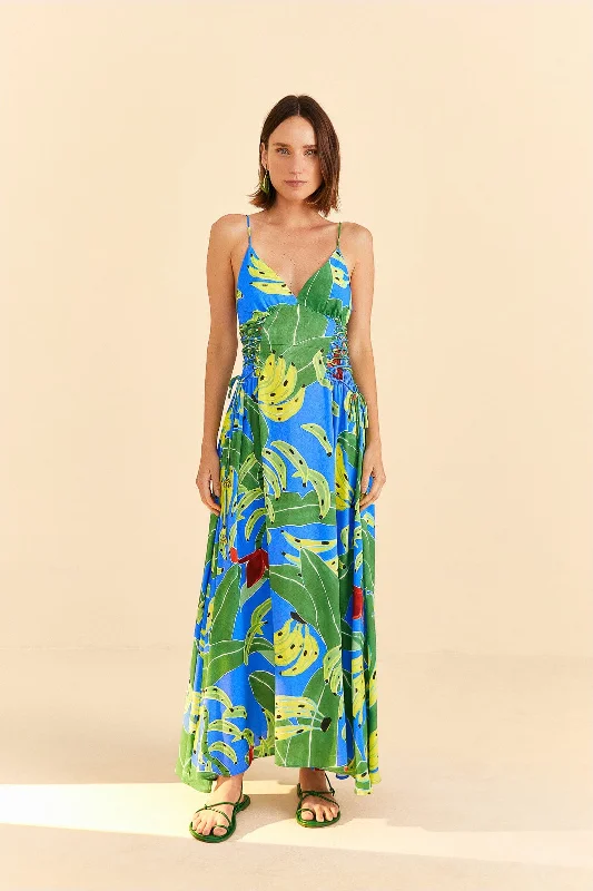 Blue Banana Leaves Sleeveless Maxi Dress Classic A-Line Maxi Dress