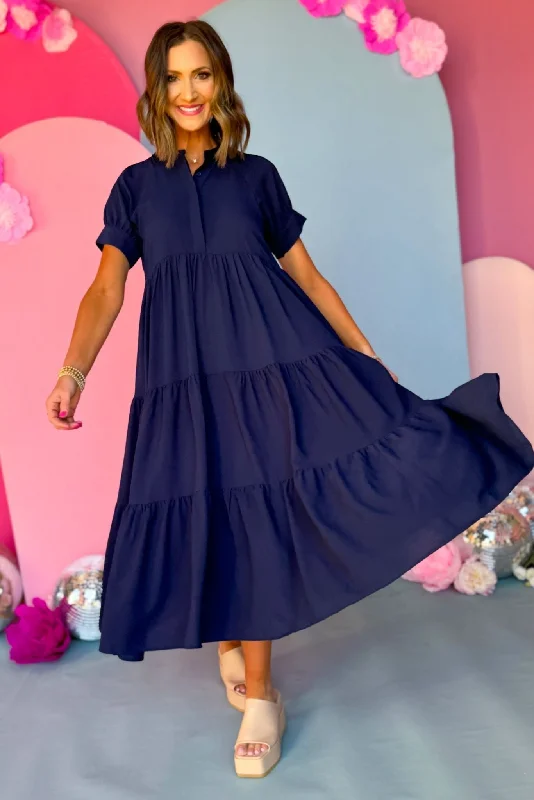 Blue Button Front Tiered Short Sleeve Maxi Dress Stylish Off-Shoulder Maxi Dress