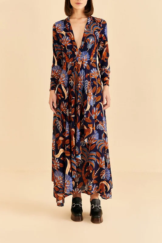Blue Nature Beauty Long Sleeve Maxi Dress Trendy A-Line Maxi Dress