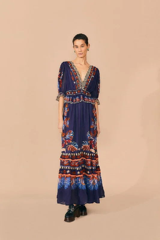 Blue Nature Beauty Short Sleeve Maxi Dress Fashionable Maxi Dress with Fringe