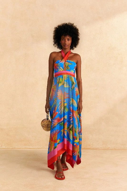 Blue Painted Birds Maxi Dress Cozy Longline Maxi Dress