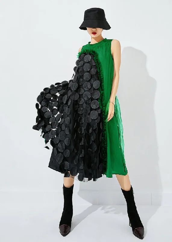 Bohemian Light Green-Black Dot Asymmetrical Patchwork Wrinkled Tulle Maxi Dress Sleeveless Cozy Longline Maxi Dress