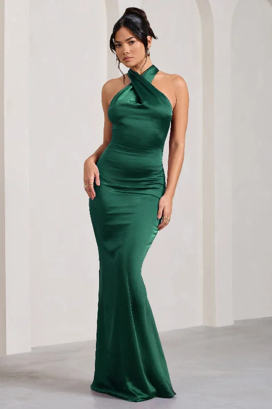 Unstoppable | Bottle Green Satin Cross Over Halterneck Maxi Dress Classic Tulle Maxi Dress