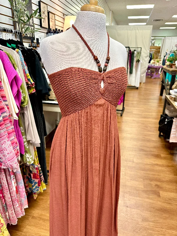 Brown Bead Detail Halter Maxi Dress | Boutique Elise | Hayden Trendy Ruffled Maxi Dress