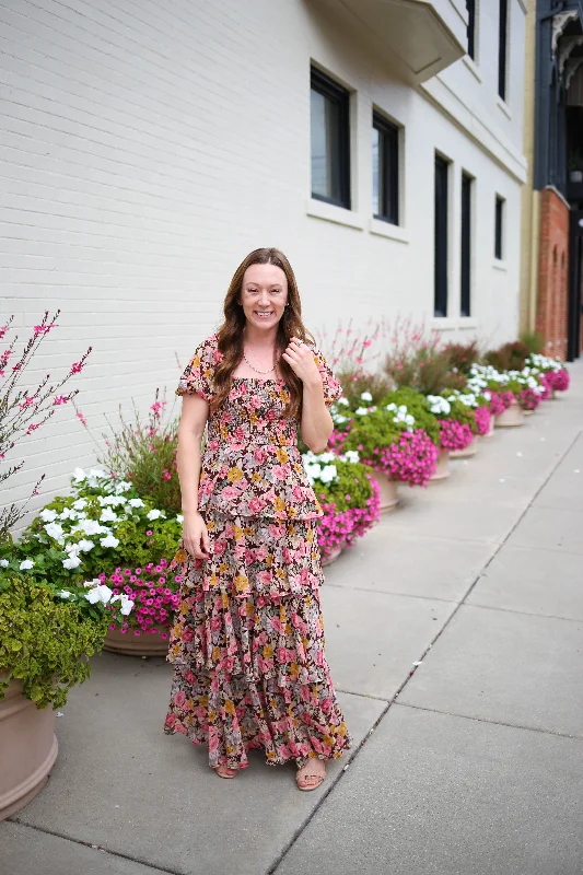 Brown Floral Print Tiered Ruffle Maxi Dress | Boutique Elise | Josie Elegant Maxi Dress with Belt