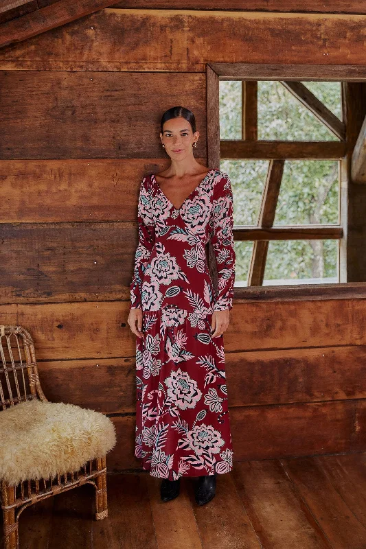 Burgundy Pineapple Inspiration V Neck Maxi Dress Comfortable Bohemian Maxi Dress