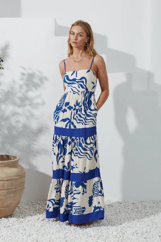 Cali Blue Abstract Contrast Tiered Maxi Dress Comfortable Cotton Maxi Dress