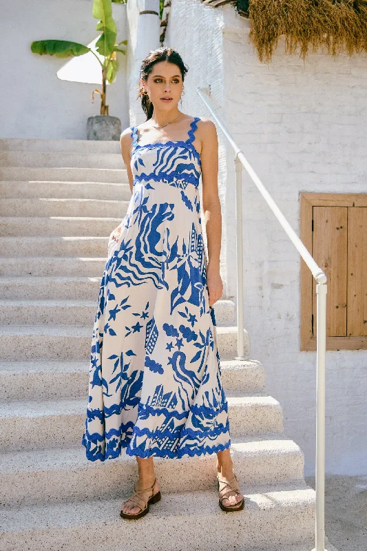 Cali Blue Abstract Ric Rac Tiered Maxi Dress Chic Sleeveless Maxi Dress