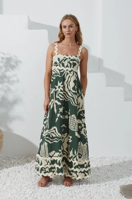 Cali Green Abstract Ric Rac Maxi Dress Comfortable Ruffle Maxi Dress