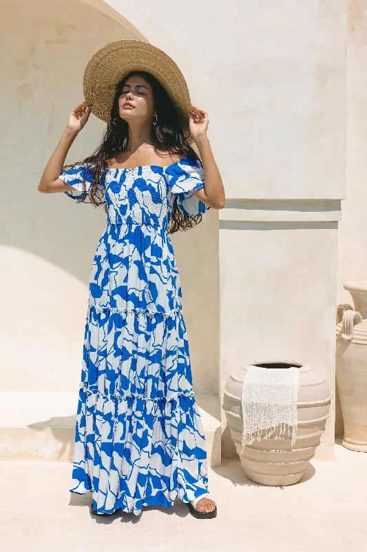 Calypso Blue Abstract Tiered Maxi Dress Trendy Maxi Dress with Lace