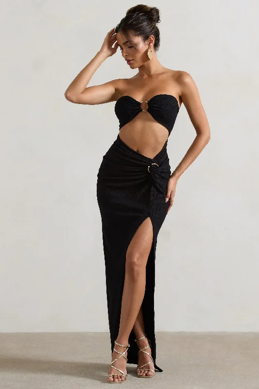 Cancun | Black Crinkle Strapless Cut-Out Maxi Dress With Twist Comfortable Flowy Maxi Dress