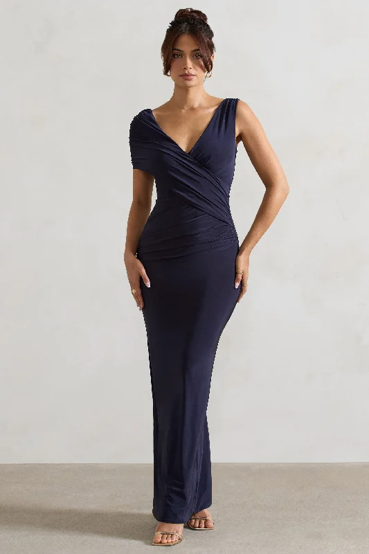 Capella | Navy Asymmetric Wrap Maxi Dress Stylish Empire Waist Maxi Dress