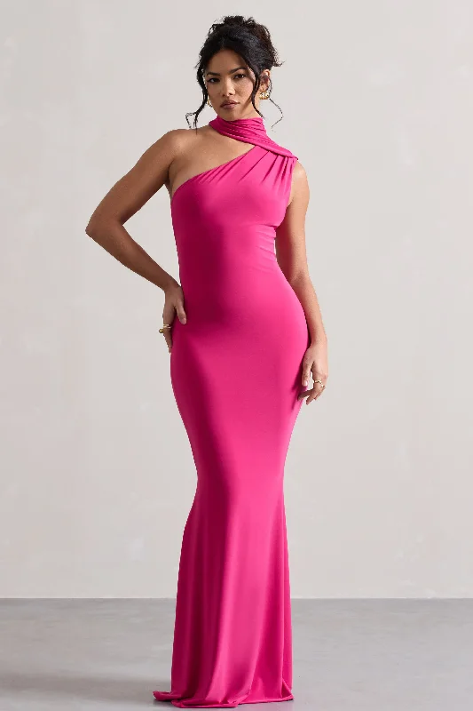 Capucine | Pink One Shoulder Draped Maxi Dress Trendy Maxi Dress with Lace