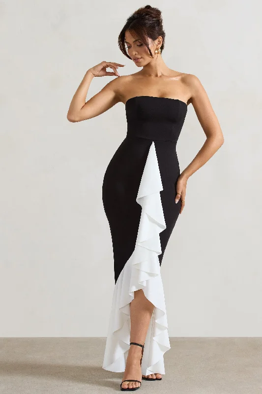 Carbonne | Black & White Bandeau Ruffled Maxi Dress Stylish Empire Waist Maxi Dress