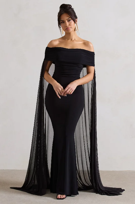 Carlotta | Black Bardot Maxi Dress With Chiffon Cape Elegant Floral Maxi Dress