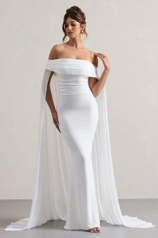 Carlotta | White Bardot Maxi Dress With Chiffon Cape Stylish Empire Waist Maxi Dress