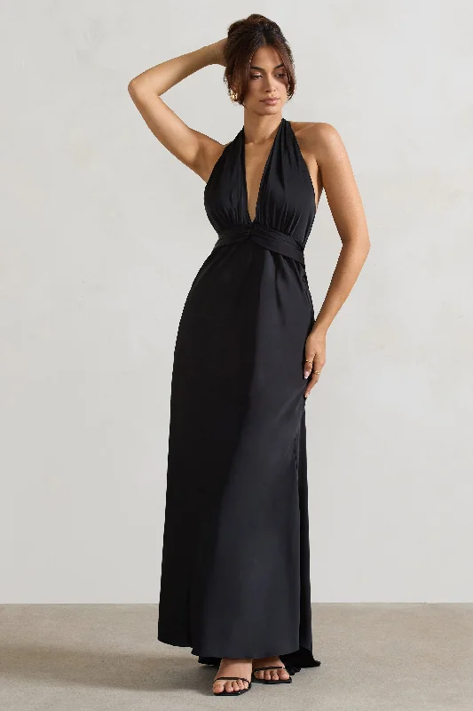 Carolyn | Black Satin Plunge Maxi Dress With Dipped Hem Trendy Short Sleeve Maxi Dress