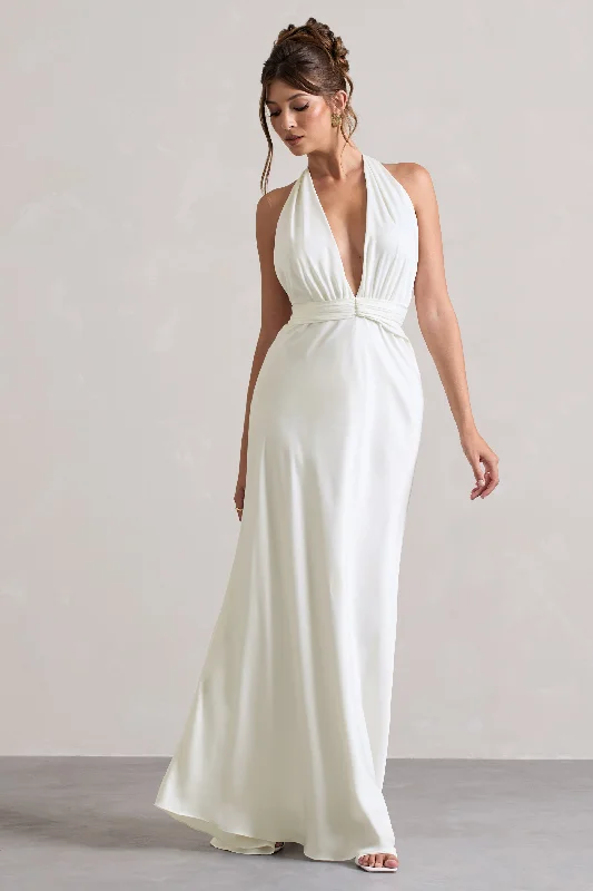 Carolyn | Ivory Satin Plunge Maxi Dress With Dipped Hem Classic Tulle Maxi Dress