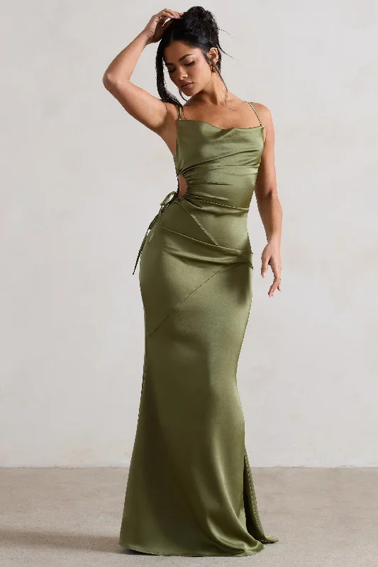 Carter | Olive Green Satin Cowl-Neck Maxi Dress With Cut-Out Elegant Velvet Maxi Dress