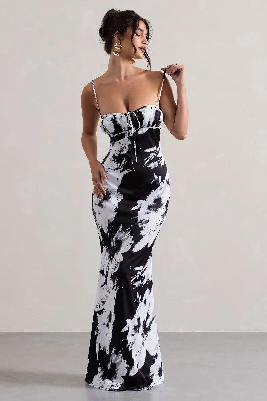 Casablanca | Monochrome Floral Print Satin Sweetheart Maxi Dress Casual Maxi Dress with Pockets