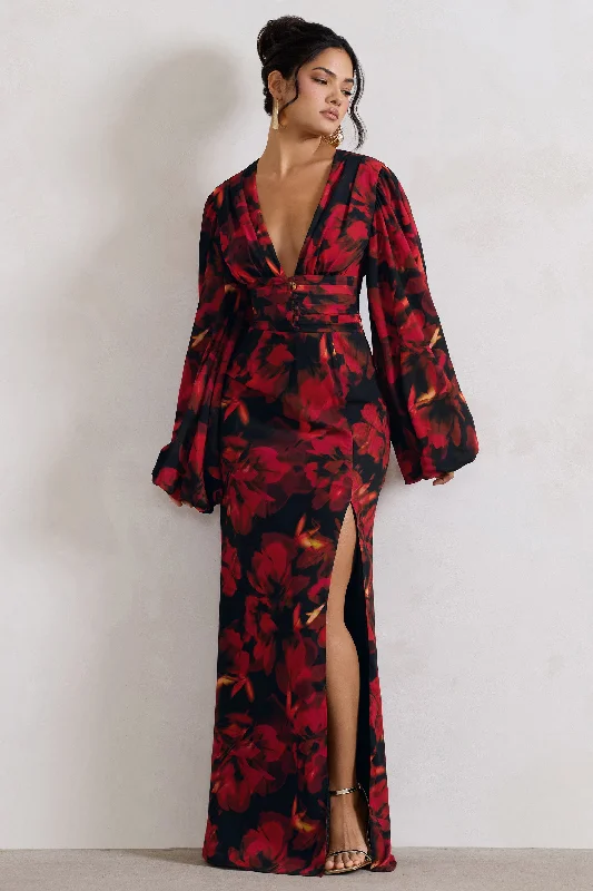 Casarile | Red Floral Print V-Neck Balloon Sleeve Maxi Dress Elegant Velvet Maxi Dress