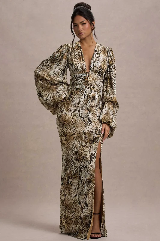 Casarile | Snake Print V-Neck Balloon Sleeve Maxi Dress Cozy Maxi Dress with Slit