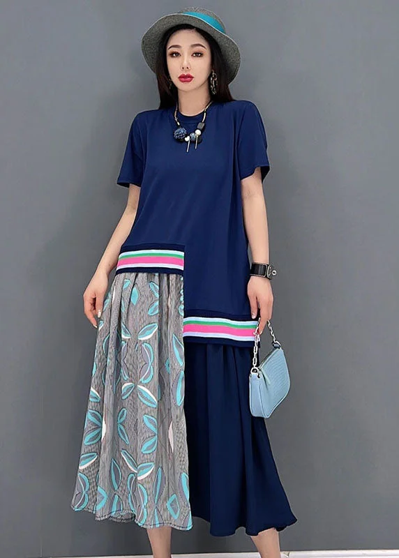 Casual Blue O-Neck Asymmetrical Design Cotton Maxi Dress Short Sleeve Stylish One-Shoulder Maxi Dress