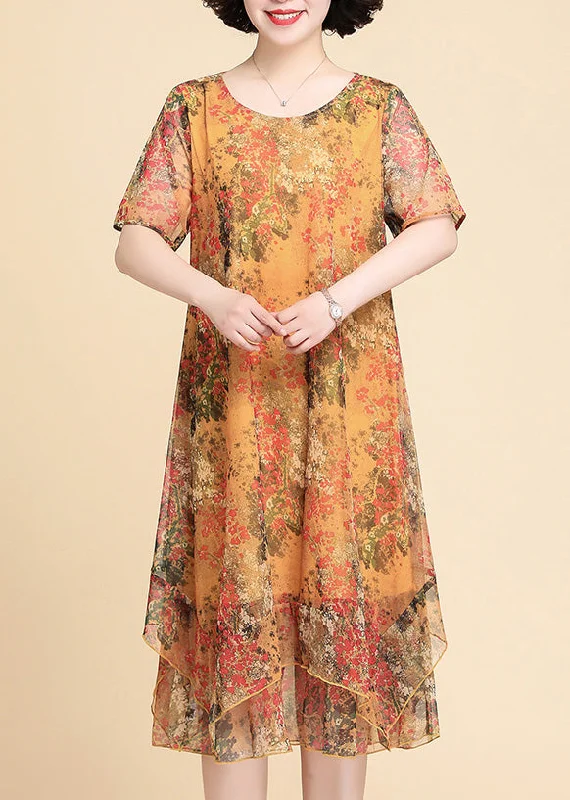 Casual Yellow Print Chiffon Maxi Dress Summer Elegant Floral Maxi Dress
