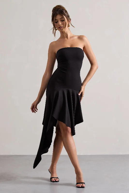 Catalina | Black Bandeau Maxi Dress With Draped Hem Elegant Wraparound Maxi Dress