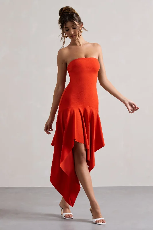 Catalina | Orange Bandeau Maxi Dress With Draped Hem Comfortable Bohemian Maxi Dress