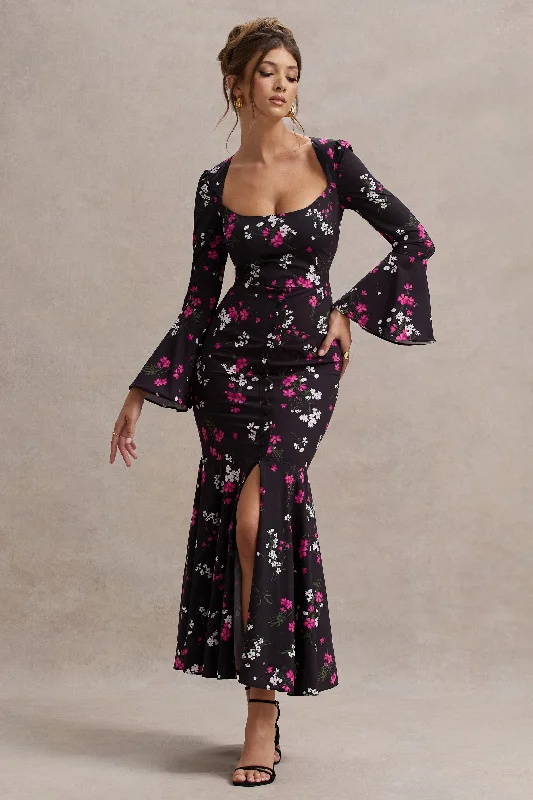 Catalonia | Black Ditsy Floral Print Chiffon Long-Sleeve Split Maxi Dress Trendy Button Front Maxi Dress