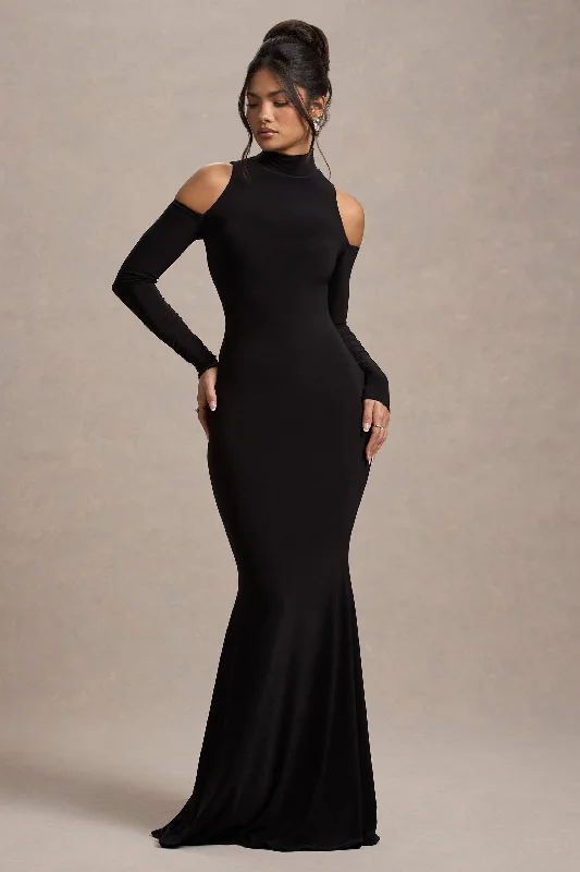 Catarina | Black Turtle-Neck Long-Sleeve Maxi Dress With Cold Shoulders Cozy Knit Maxi Dress