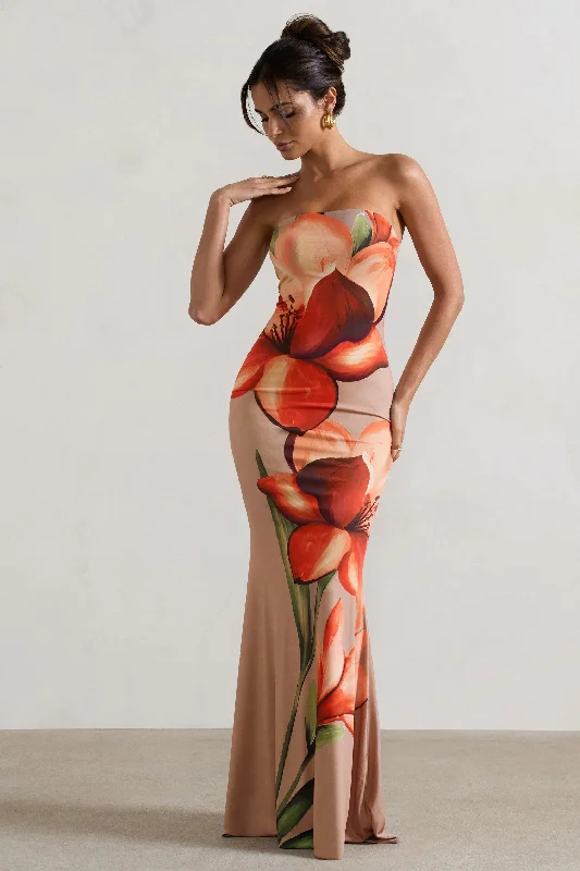 Ceremony | Orange and Mocha Floral Bandeau Fishtail Maxi Dress Fashionable Asymmetrical Maxi Dress