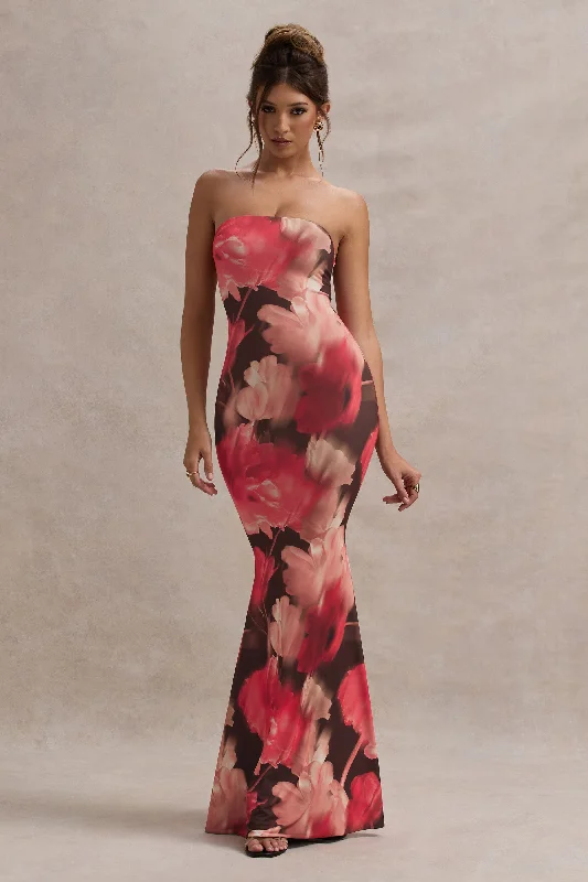 Ceremony | Red Floral Print Bandeau Fishtail Maxi Dress Cozy Open-Back Maxi Dress