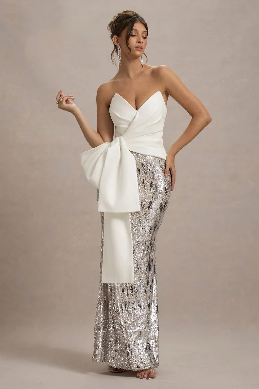 Ceres | Ecru Strapless Draped Maxi Dress With Sequin Skirt Trendy Satin Maxi Dress