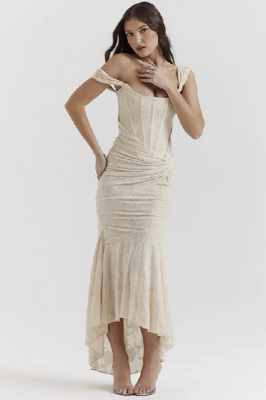 Cesca Retro Cream White Floral Maxi Dress Elegant Wraparound Maxi Dress