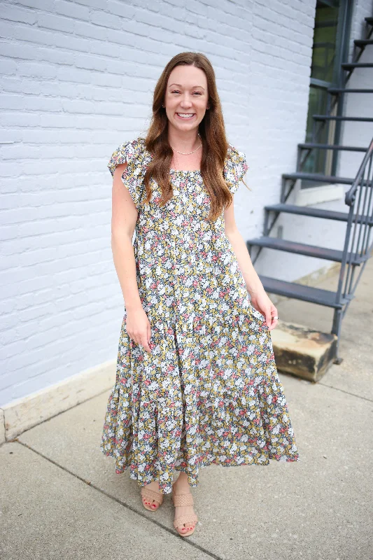 Charcoal Floral Print Maxi Dress | Boutique Elise | Penelope Fashionable Button-Down Maxi Dress