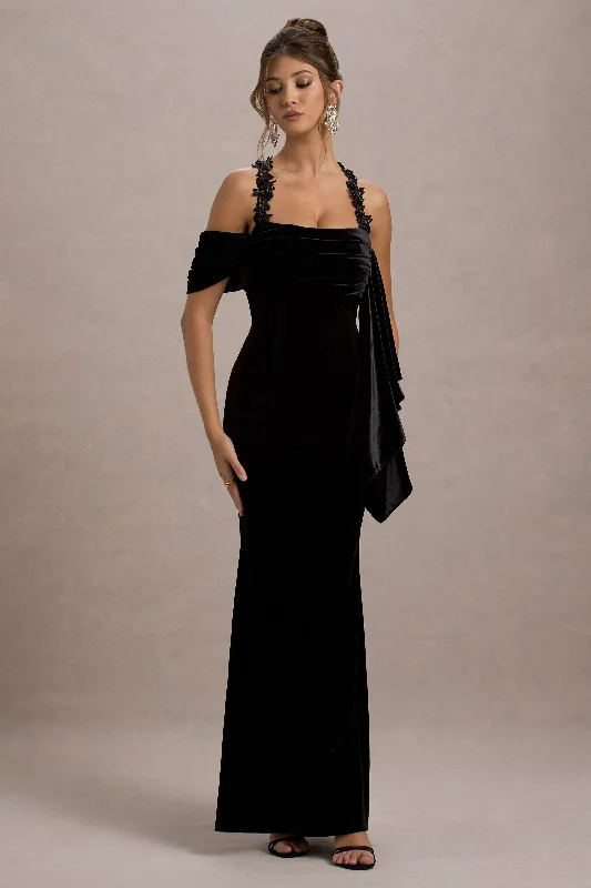 Charlize | Black Velvet Halter-Neck Draped Maxi Dress Trendy Printed Maxi Dress