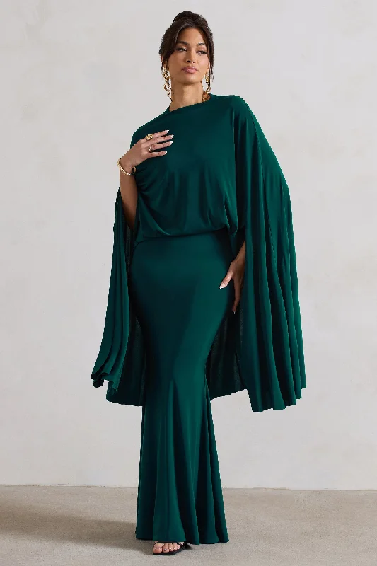 Charmaine | Bottle Green High-Neck Maxi Dress With Cape Trendy Maxi Dress with Belt