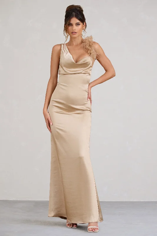 Cherish Me | Gold Satin Asymmetric Cowl Maxi Dress With Feather Strap Trendy Fit-and-Flare Maxi Dress