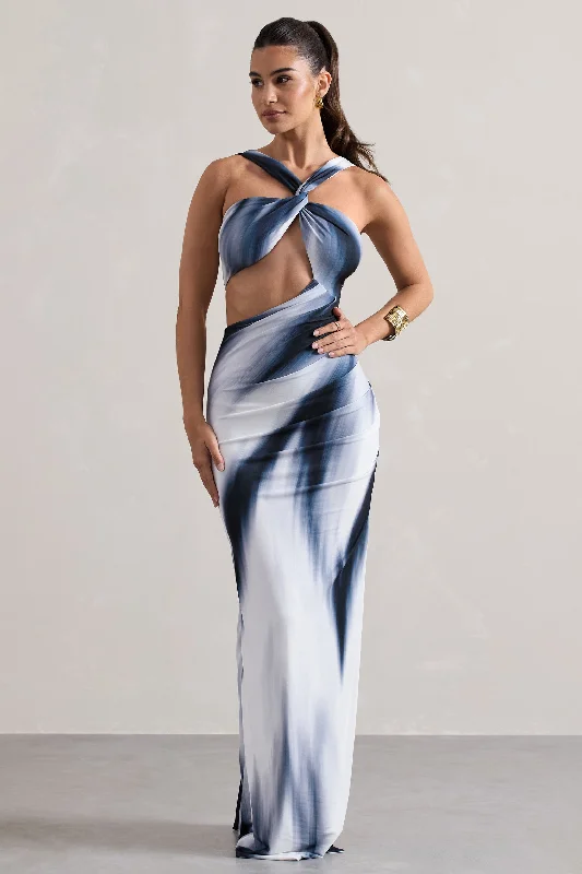 Chorus | White Print Halter-Neck Split Maxi Dress With Cut-Out Fashionable Asymmetrical Maxi Dress