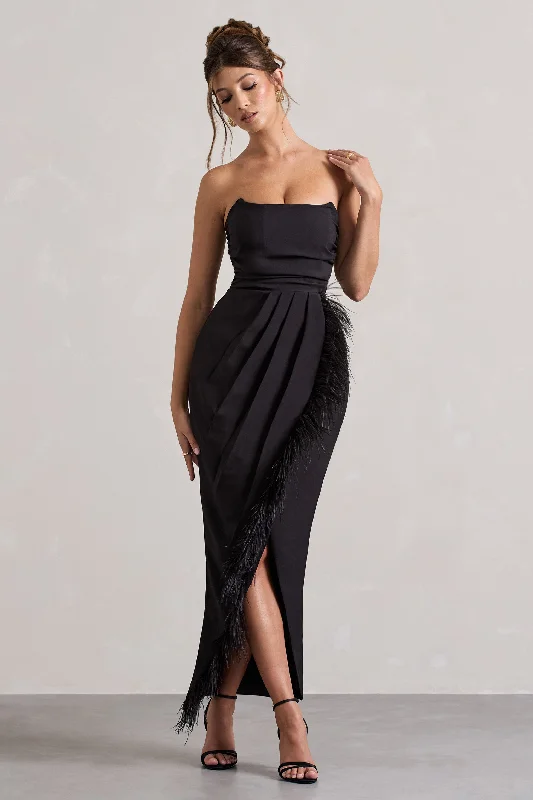 Chosen | Black Bandeau Wrap Maxi Dress With Feather Trim Comfortable Bohemian Maxi Dress
